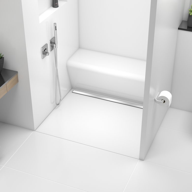 Shower area with linear drainage and benches